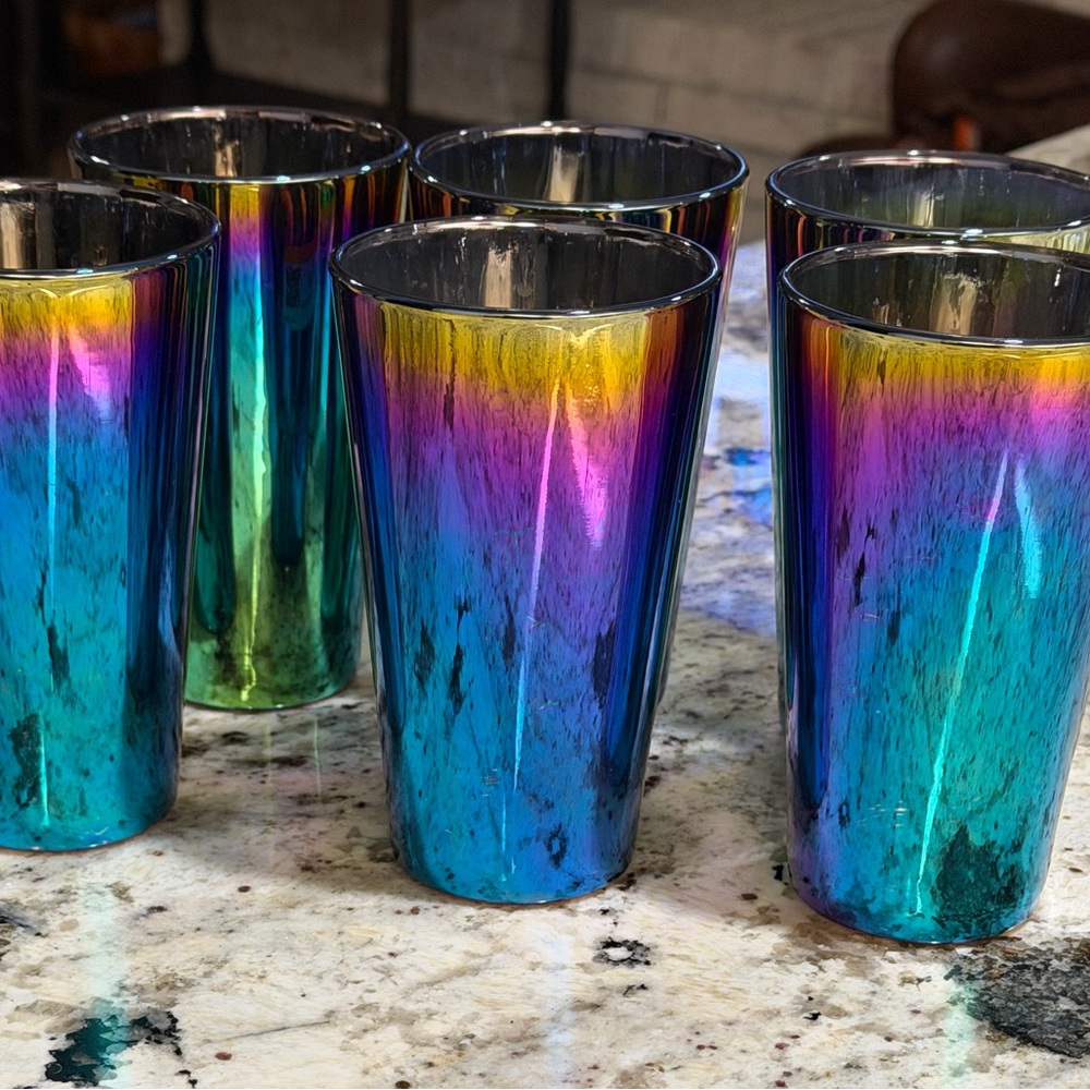 Set of 6 Iridescent Tumblers Rainbow Drinking Glasses Modern Barware Decor EUC